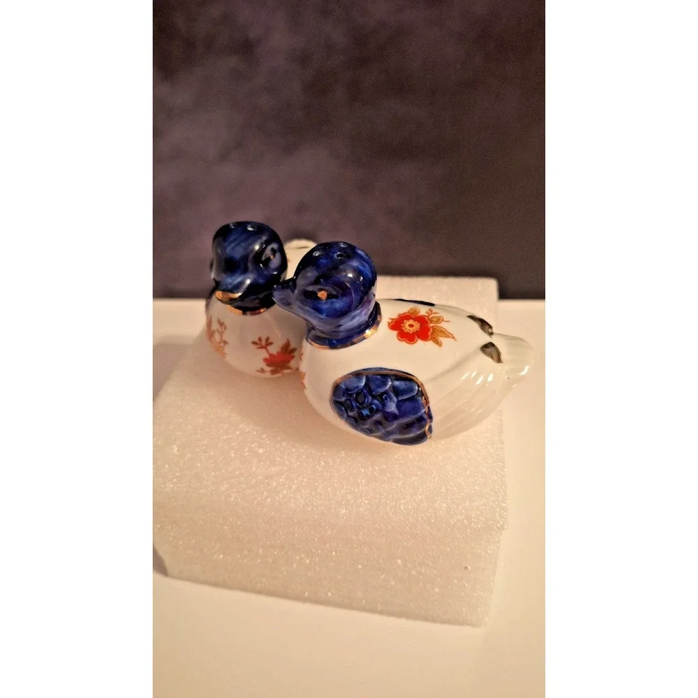 Vintage Blue & White/Gold Porcelain Ducks Salt & Pepper Shakers